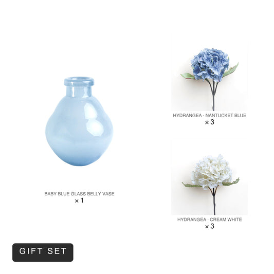 Bloom Set | Baby Blue Belly Vase + 6 Hydrangea Stems