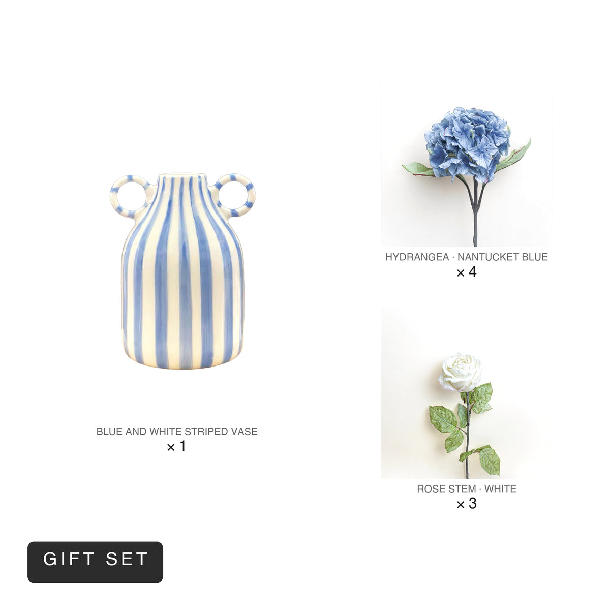 Bloom Set | Blue & White Striped Vase + 7 Stems