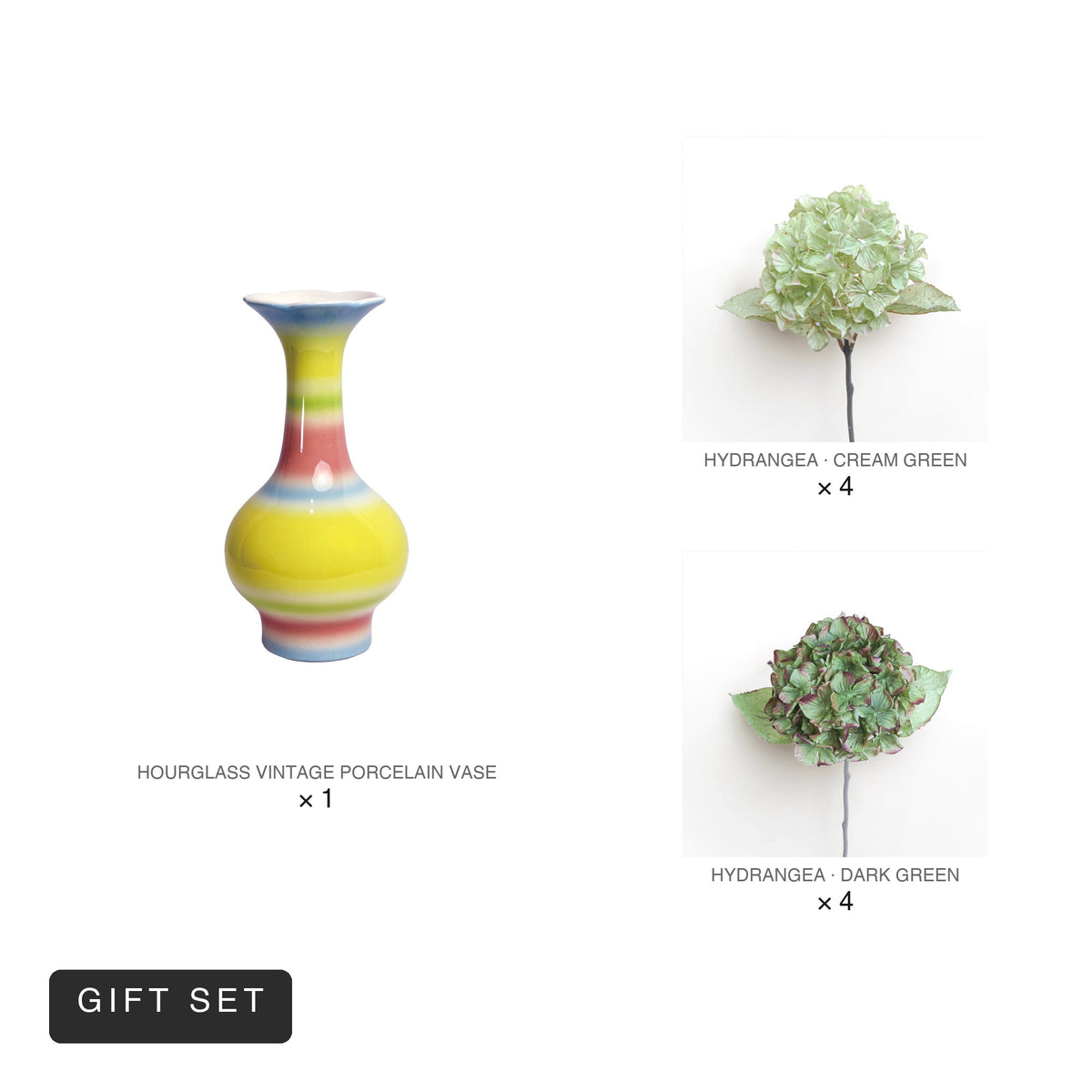 Bloom Set | Hourglass Vintage Vase + 8 Hydrangea Stems
