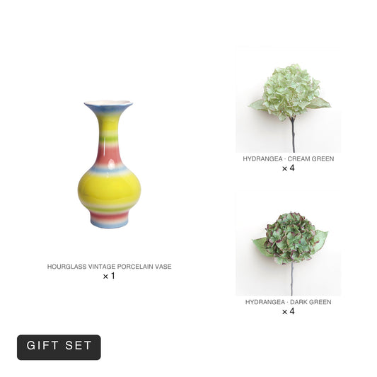 Bloom Set | Hourglass Vintage Vase + 8 Hydrangea Stems