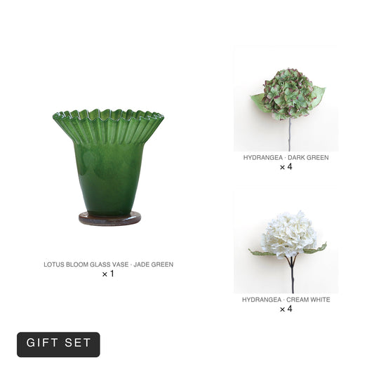 Bloom Set | Jade Lotus Vase + 8 Hydrangea Stems