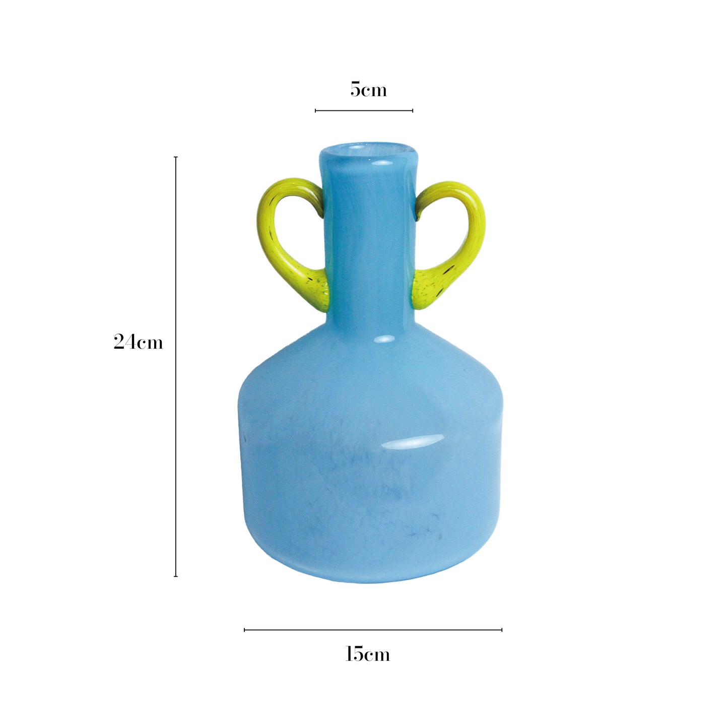 A blue vase with yellow double handles. The vase features a wide cylindrical base that tapers into a slender neck at the top. The dimensions of the vase are 24 cm in height, 15 cm in width, and the neck has a width of 5 cm.
