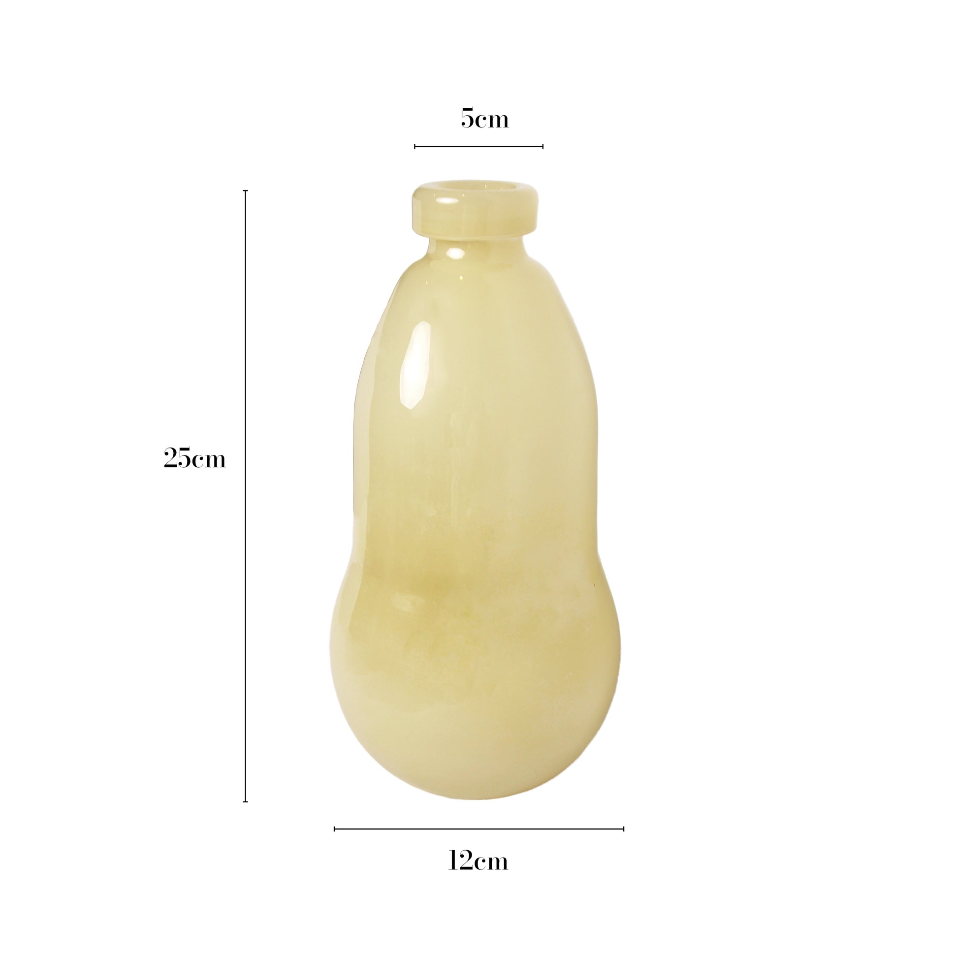 The dimensions of the light yellow gourd-shaped glass vase are 25 cm in height and 12 cm in width.