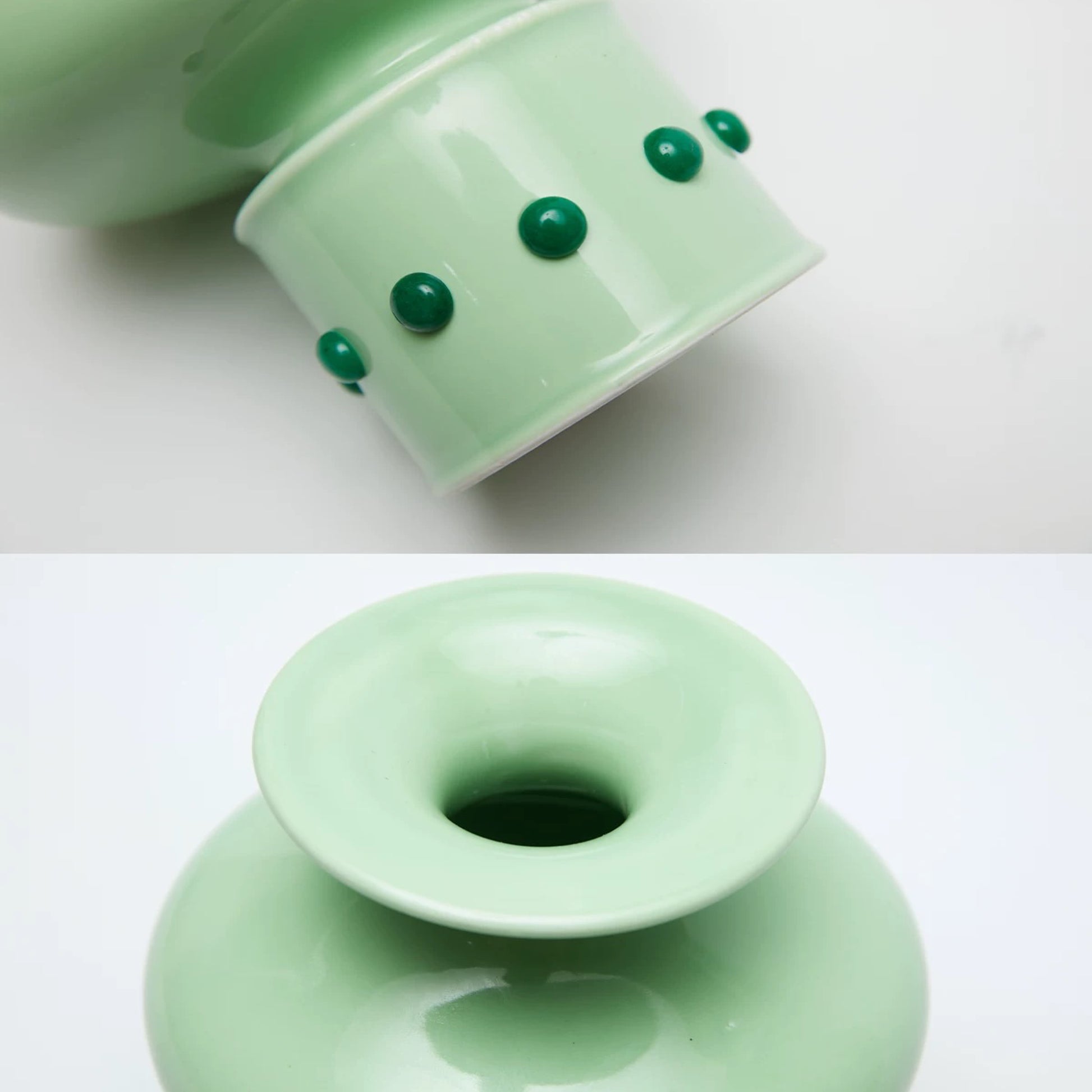 Different details and angles showcase the Chinese classical bamboo-shaped green vase inlaid with green jade. The surface of the vase has a smooth, glossy finish, and the bottle neck is designed with a refined, delicate texture, highlighting its elegance and craftsmanship.
