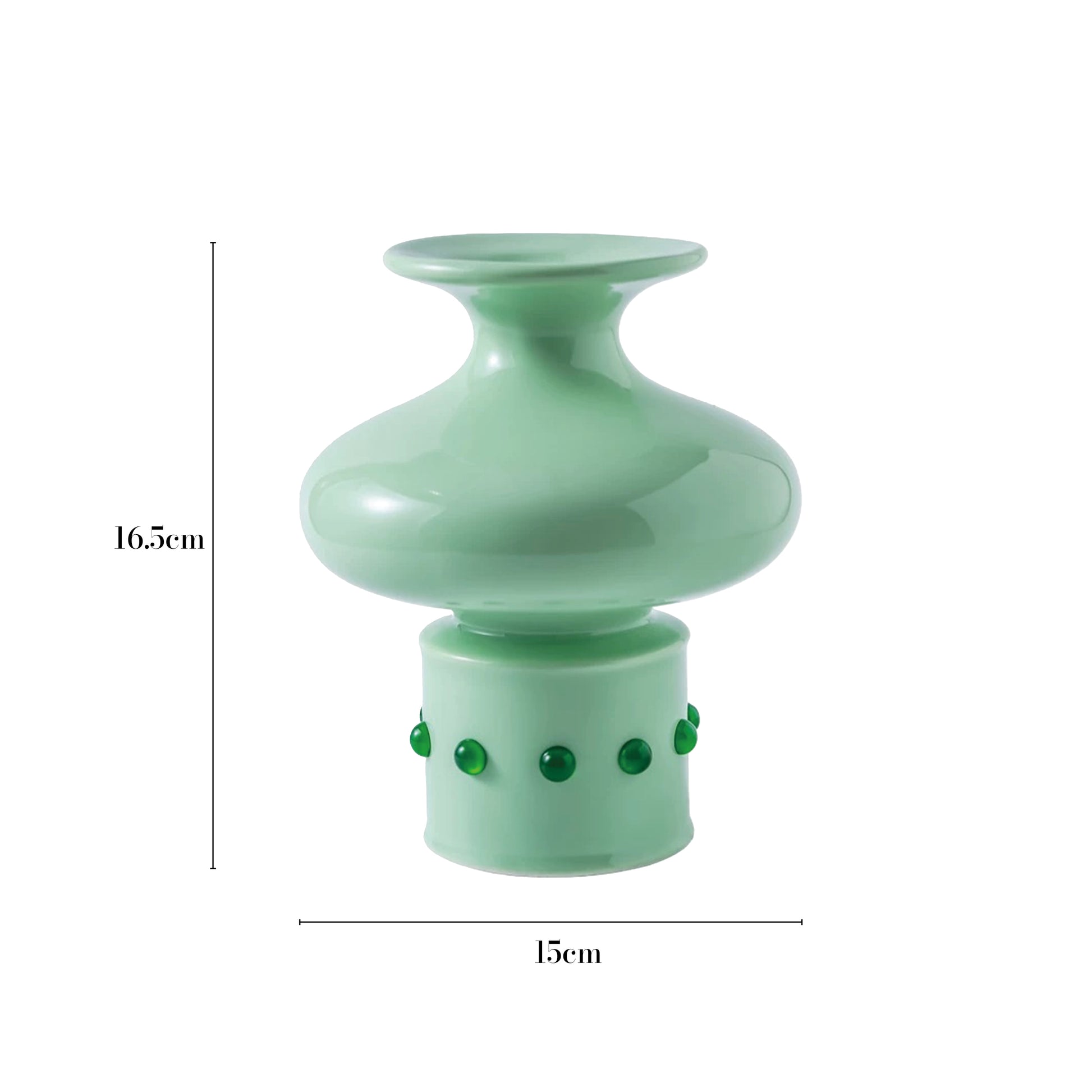 The dimensions of the Chinese classical bamboo-shaped green vase inlaid with green jade are 16.5 cm in height and 15 cm in width.