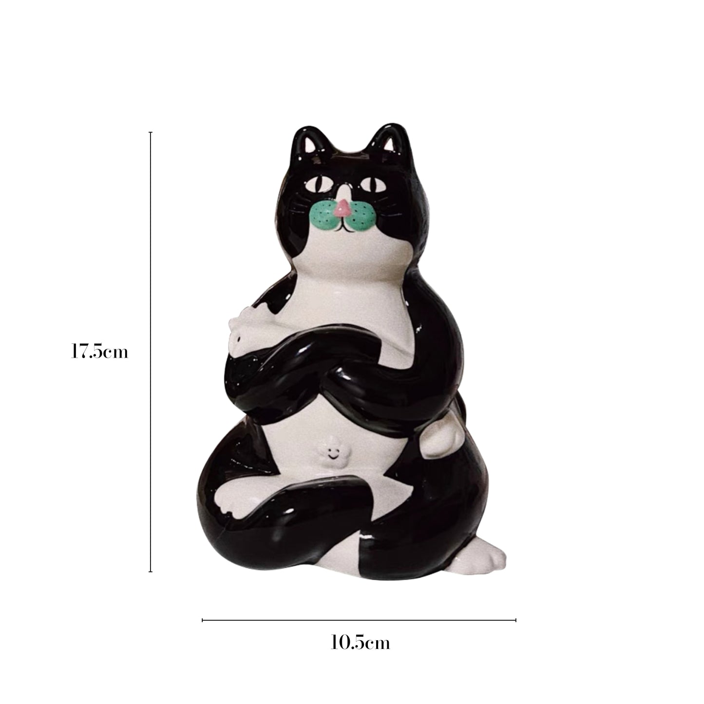 The dimensions of a black-and-white cat vase, featuring green whiskers and its legs and arms curled in a seated position, are displayed, showcasing the playful and unique design in full scale.
