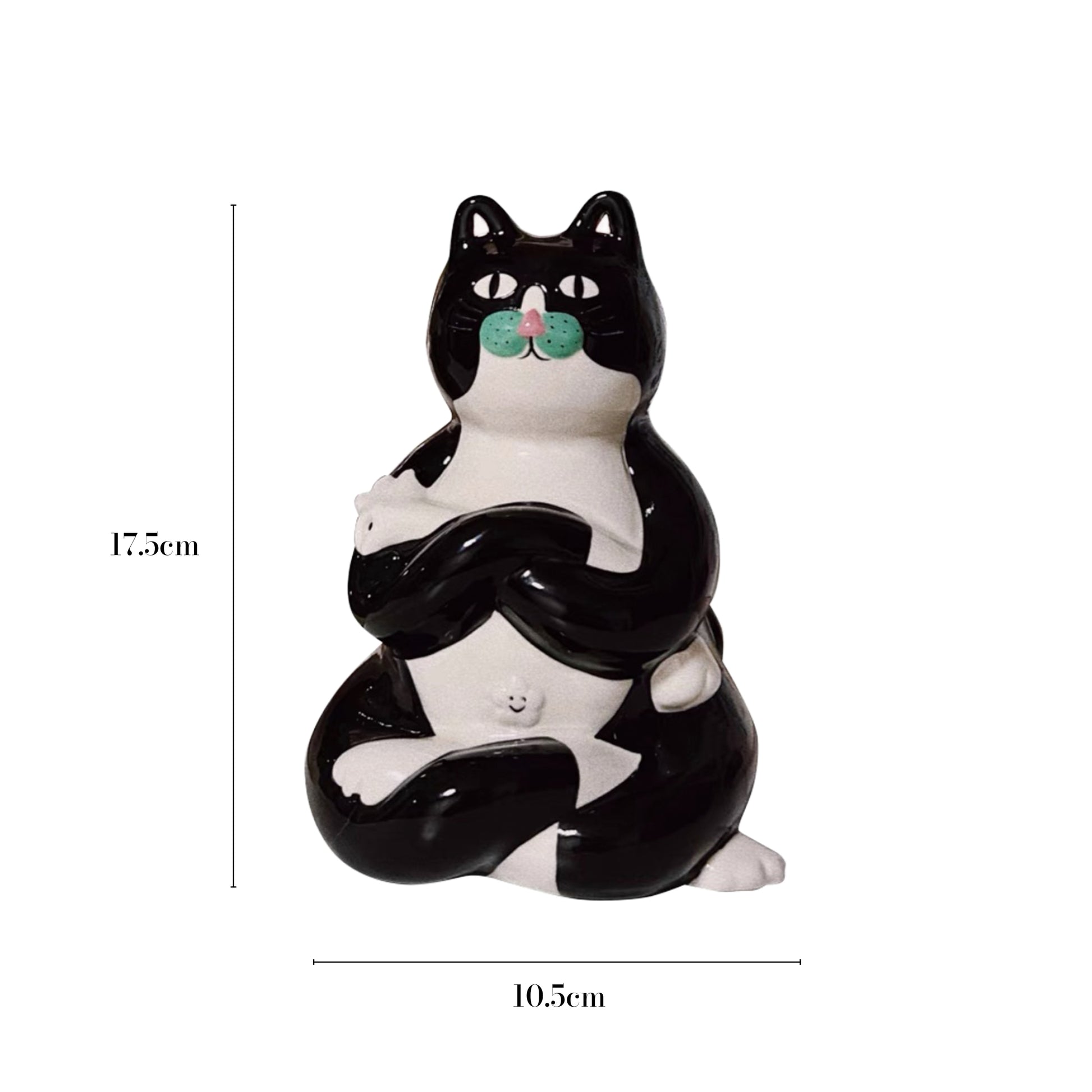The dimensions of a black-and-white cat vase, featuring green whiskers and its legs and arms curled in a seated position, are displayed, showcasing the playful and unique design in full scale.