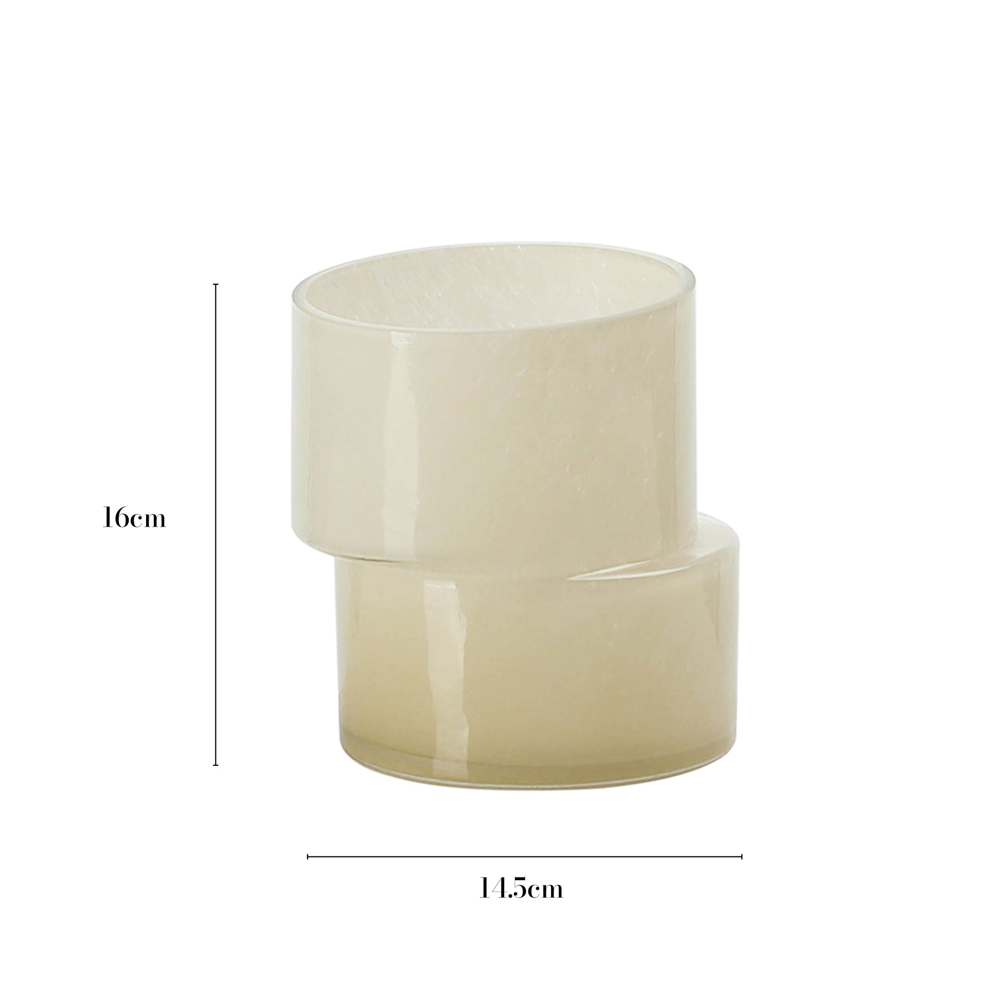 Here is the size display for the light yellow glass vase: It stands 16 cm tall and has a width of 14.5 cm. The vase is composed of two stacked cylindrical shapes, designed to mimic the look of bamboo segments.
