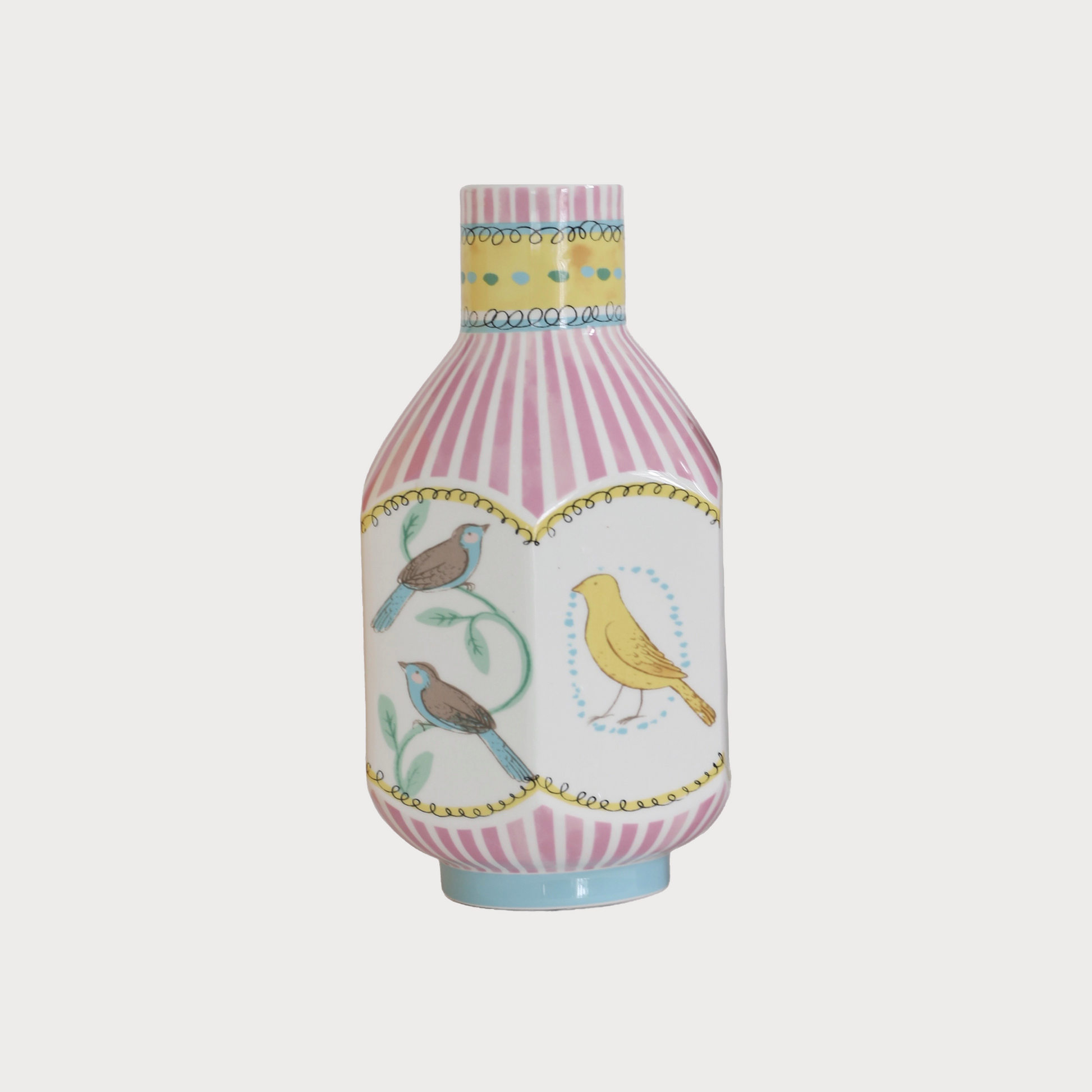 An octagonal narrow-neck vase, with the body hand-painted with nightingales in various colors. The surface of the vase is adorned with vertical pink stripes, adding a touch of elegance and artistic flair to its design.