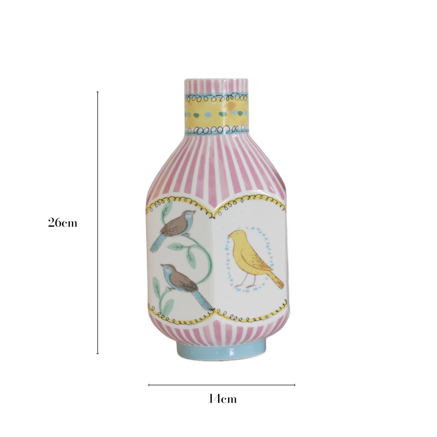 The dimensions of an octagonal narrow-neck vase are displayed. The vase features hand-painted nightingales in various colors, with pink vertical stripes elegantly covering its surface, creating a sophisticated and artistic design.