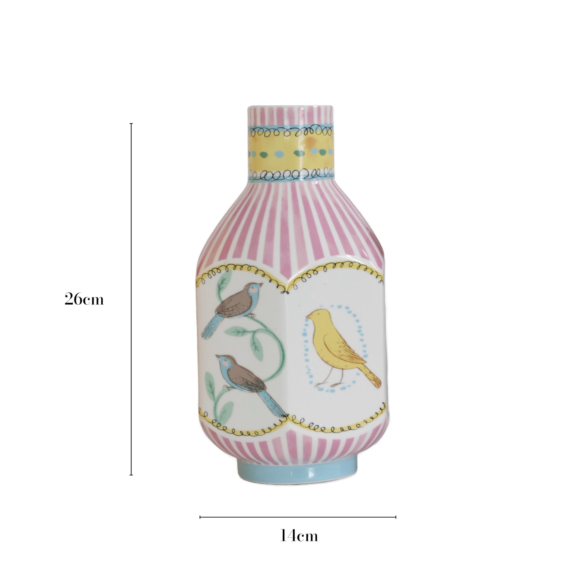 The dimensions of an octagonal narrow-neck vase are displayed. The vase features hand-painted nightingales in various colors, with pink vertical stripes elegantly covering its surface, creating a sophisticated and artistic design.