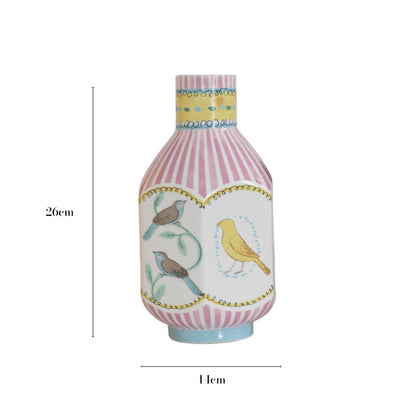 The dimensions of an octagonal narrow-neck vase are displayed. The vase features hand-painted nightingales in various colors, with pink vertical stripes elegantly covering its surface, creating a sophisticated and artistic design.